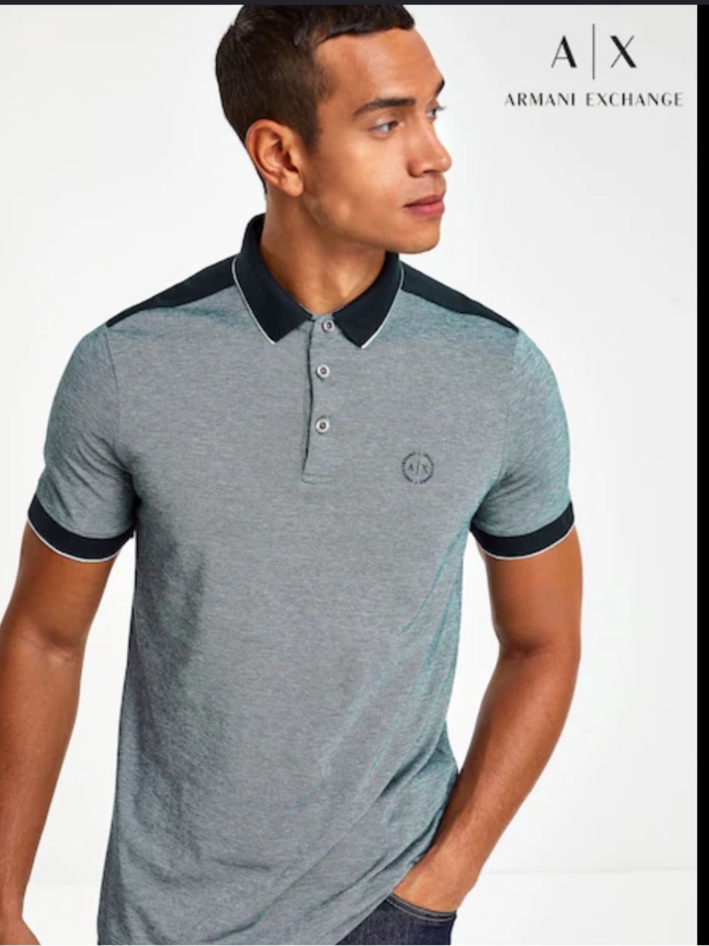 Armani Exchange Men’s Grey Polo with Black Contrast Collar and Trim